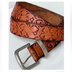 Cognac Brown Italian Leather Belt Floral Scroll Hand-Tooled Made in Canada Small